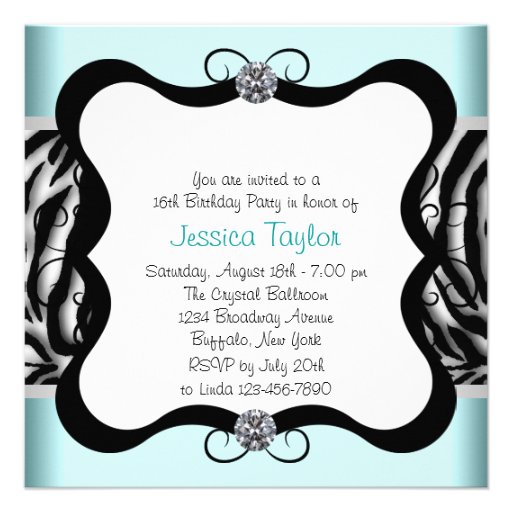 Teal Blue Zebra Sweet Sixteen Birthday Party Personalized Announcement