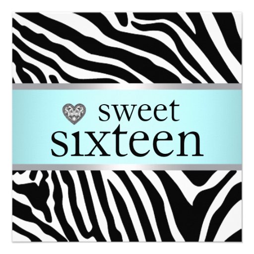 Teal Blue Zebra Sweet Sixteen Birthday Party Invitations (front side)