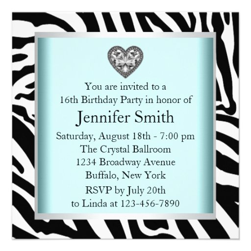 Teal Blue Zebra Sweet Sixteen Birthday Party Invitations