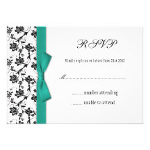 Teal Bow Black and White Wedding Flower RSVP Personalized Announcements