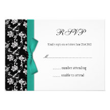 Teal Bow Black and White Wedding Flower RSVP Personalized Invitations