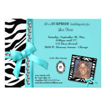 Teal Bow With Pearls And White Zebra Stripes Custom Invite