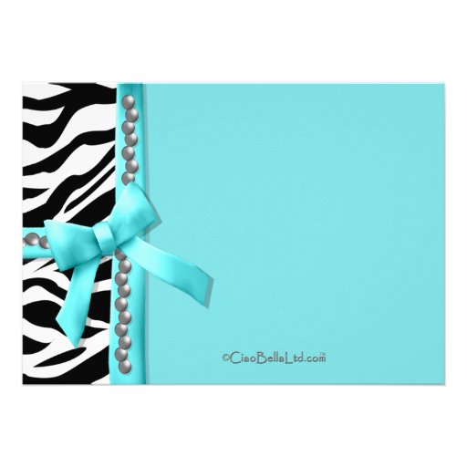 Teal Bow With Pearls And White Zebra Stripes Custom Invite