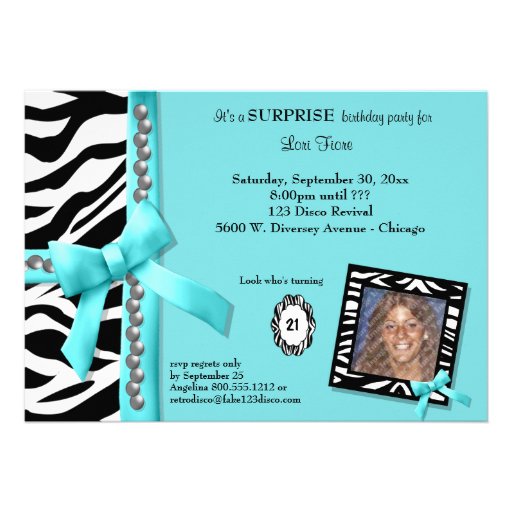 Teal Bow With Pearls And White Zebra Stripes Custom Invite