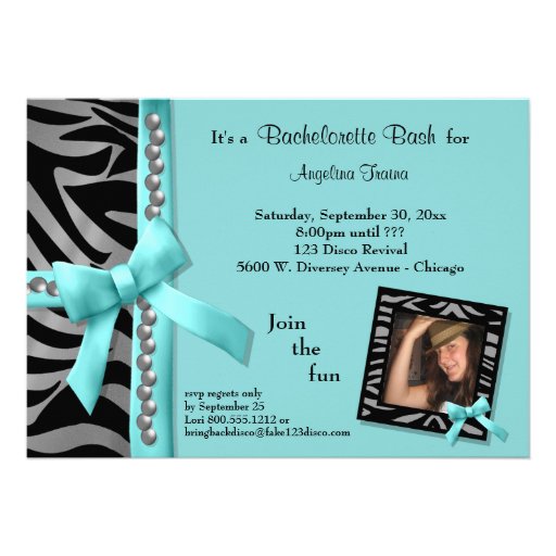 Teal Bow With Silver Pearls And Zebra Stripes Invites