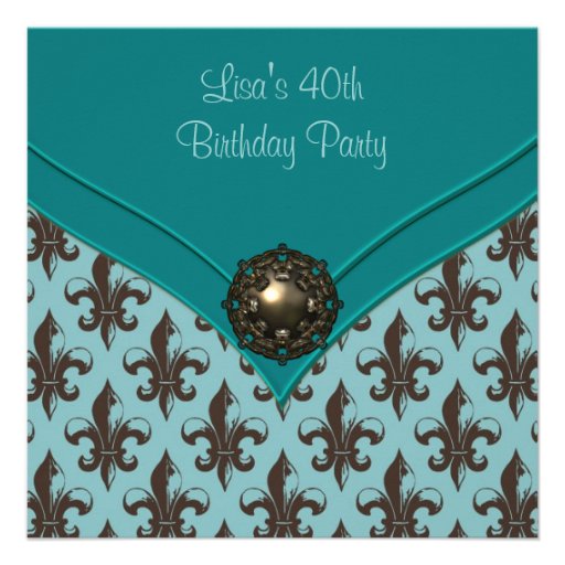 Teal Brown Fleur de Lis 40th Birthday Party Personalized Invitations