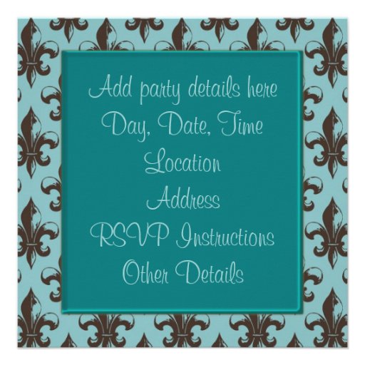 Teal Brown Fleur de Lis 40th Birthday Party Personalized Invitations