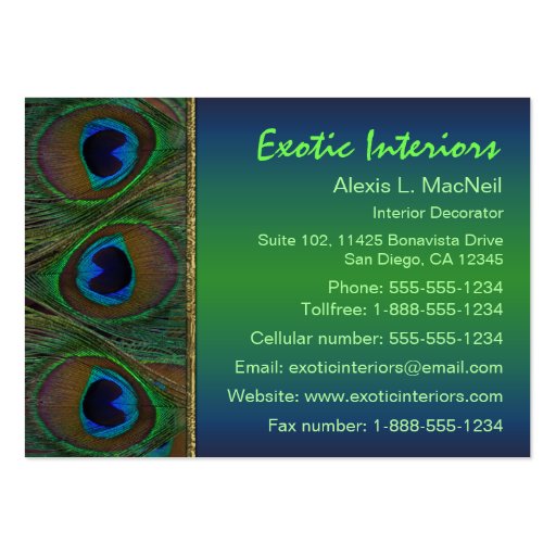Teal, Brown, Gold Peacock Feathers Business Card (back side)