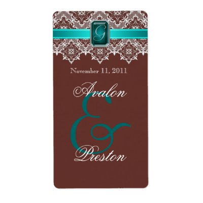 Teal & Brown Lace Jeweled Wedding Wine Label