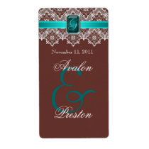 Teal & Brown Lace Jeweled Wedding Wine Label