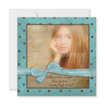 Teal Brown Polka Dots, Bow Graduation Photo Card Custom Invitations