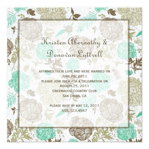 Teal Brown Tan Olive Floral Abstract Post Wedding Personalized Invitation