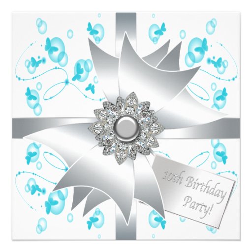 Teal Butterfly Bubbles 10th Birthday Party Invitat Personalized Invitation
