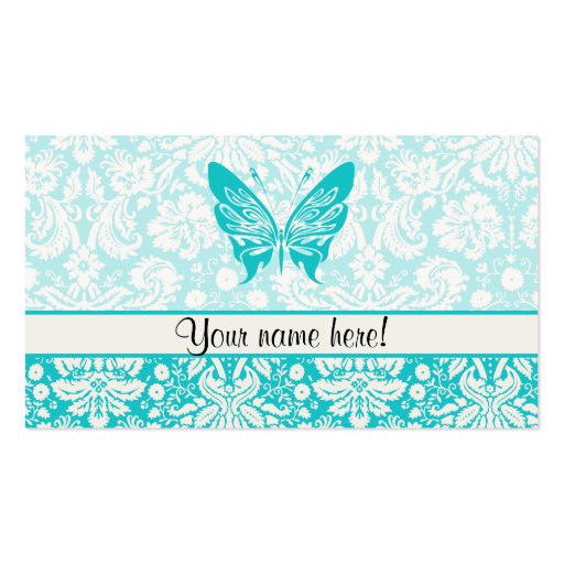 Teal Butterfly; Damask Pattern Business Card Template (front side)
