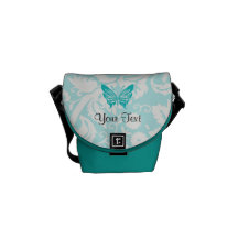 Teal Butterfly; Damask Pattern Courier Bag
