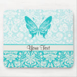 Teal Butterfly; Damask Pattern Mouse Pad