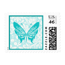 Teal Butterfly; Damask Pattern Postage Stamp