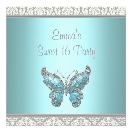 Teal Butterfly Damask Sweet 16 Party Personalized Invitation
