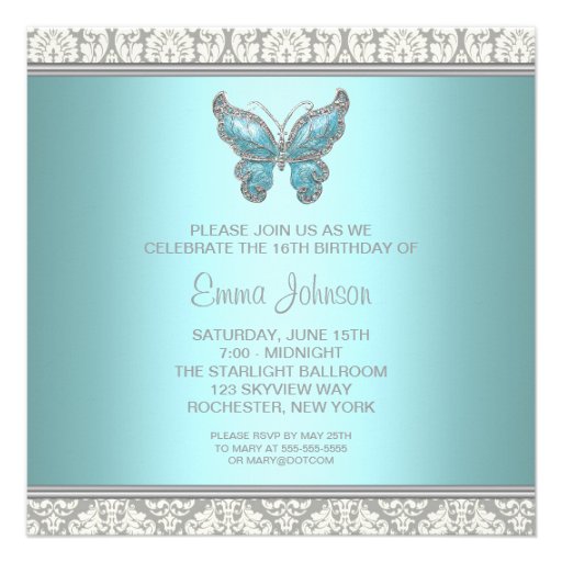 Teal Butterfly Damask Sweet 16 Party Personalized Invitation