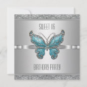 Teal Butterfly Sweet 16 Birthday Party invitation