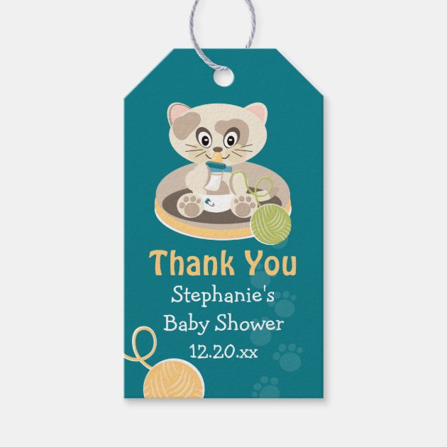 Teal Cat in Diapers Baby Shower Thank You Tag Pack Of Gift Tags