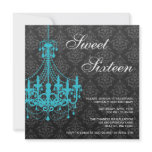 Teal Chandelier Black Damask Sweet 16 Birthday Custom Invites