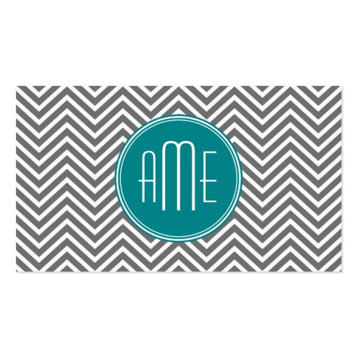 Teal Charcoal Chevrons Custom Monogram Business Card Template (front side)