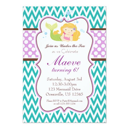 Teal Chevron, Purple Dots Blonde Mermaid Birthday Custom Announcement