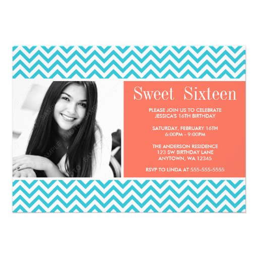 Teal Coral Chevron Sweet 16 Birthday Photo Announcements