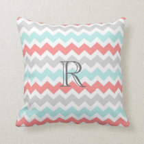 Teal Coral Gray Chevrons Pattern Monogram Pillow