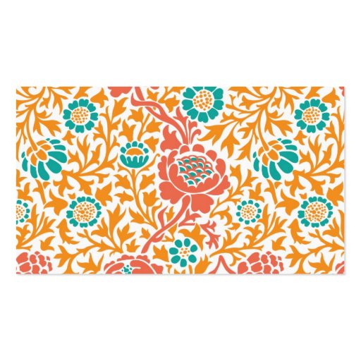Teal Coral & Orange Retro Floral Damask Business Card Template (back side)