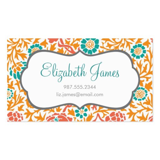 Teal Coral & Orange Retro Floral Damask Business Card Template (front side)