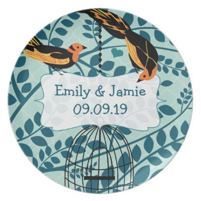 Teal Cute Birds in a Tree Weddings Anniversary Dinner Plate