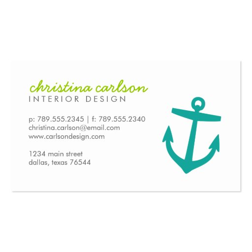 Teal Cute Nautical Anchor & Stripes Business Cards (front side)