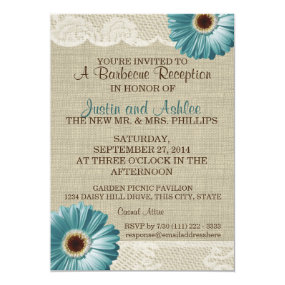 Teal Daisy and Burlap BBQ Wedding Reception Custom Invitations