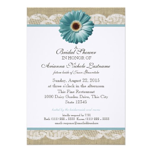 Teal Daisy and White Lace Bridal Shower Personalized Announcement