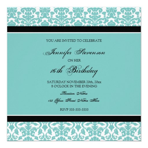 Teal Damask 16th Birthday Party Invitations