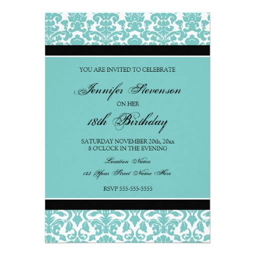 Teal Damask 18th Birthday Party Invitations