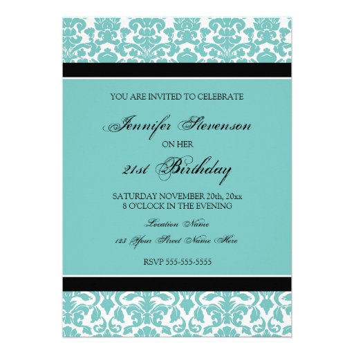 Teal Damask 21st Birthday Party Invitations
