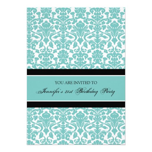 Teal Damask 21st Birthday Party Invitations
