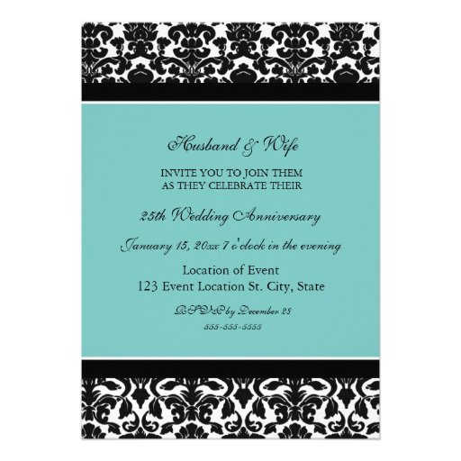 Teal Damask 25th Anniversary Party Invitation