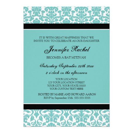 Teal Damask Bat Mitzvah Invitations