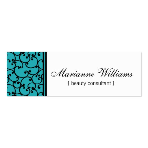 Teal Damask Beauty Micro Mini Business Cards (front side)