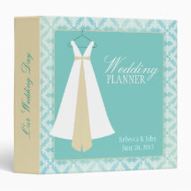 Teal Damask & Bridal Gown Wedding Planner Vinyl Binder
