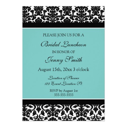Teal Damask Bridal Luncheon Invitation Cards