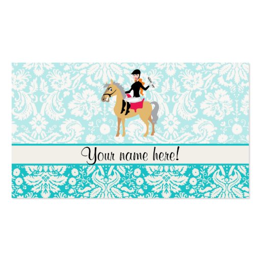 Teal Damask Equestrian Business Cards (front side)