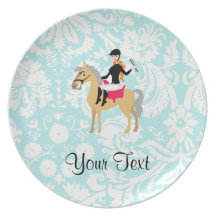 Teal Damask Equestrian Party Plates