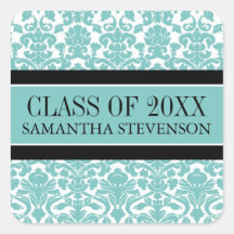 Teal Damask Graduation Custom Year Name Square Stickers