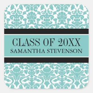 Teal Damask Graduation Custom Year Name Square Stickers
