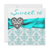 Teal Damask Heart Teal Blue Sweet 16 Party Invites